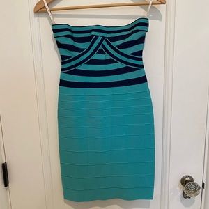 SMALL HERVE LEGER TURQUOISE/BLUE STRIPE BANDAGE DRESS